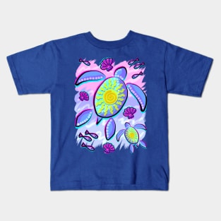 Sea Turtle and Sun Abstract Glitch Ultraviolets Kids T-Shirt